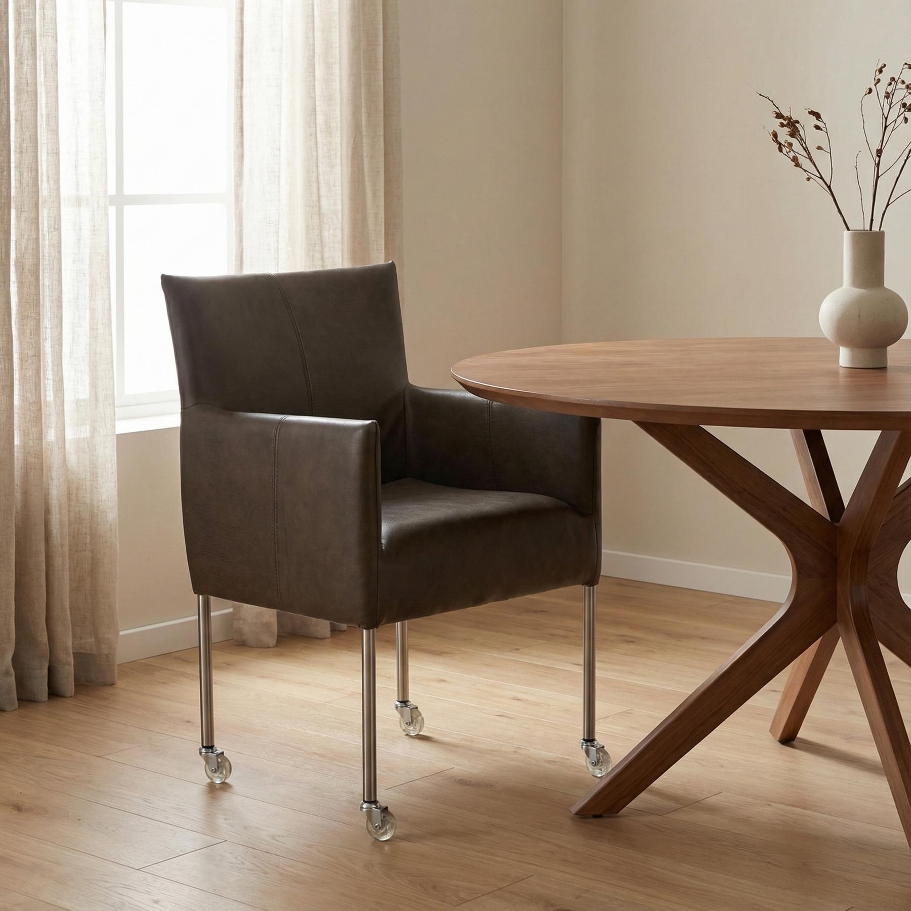 afbeelding van Leren eetkamerstoel Desire - Granada Ash (grijs/bruin) - Poten staal rond RVS